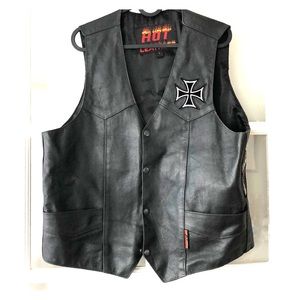 Men’s 100% Black Leather Motorcycle Vest Custom Lg